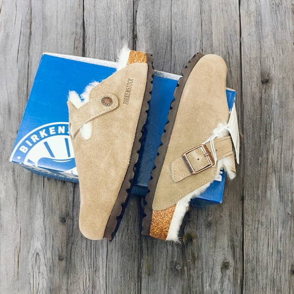 Birkenstock Boston Taupe Shearling Mules - Narrow - Picture 3 of 6